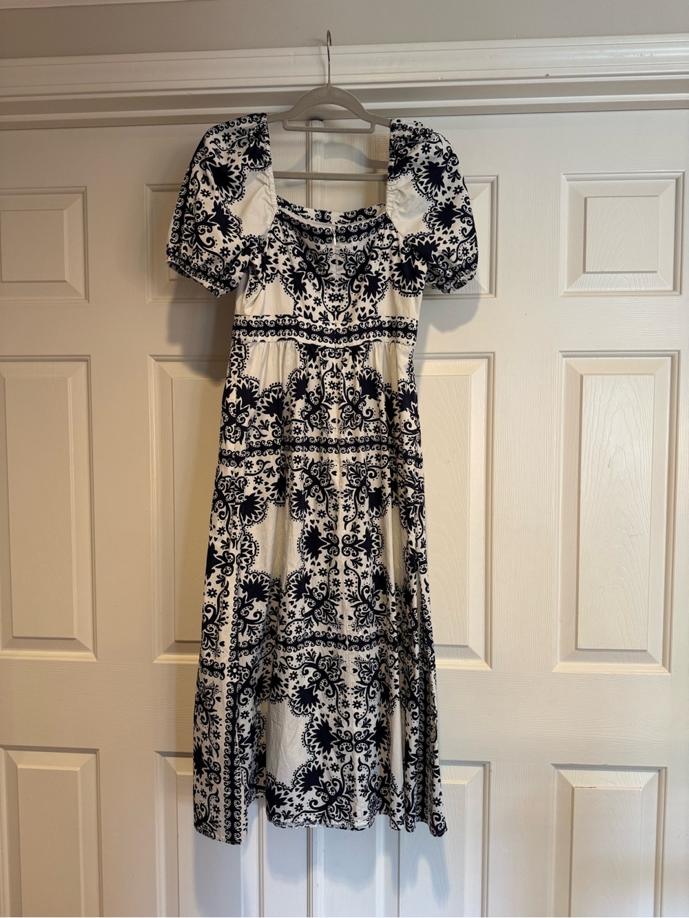 White and Navy Puff-Sleeve Midi Dress by Boden - Picture 2 of 3